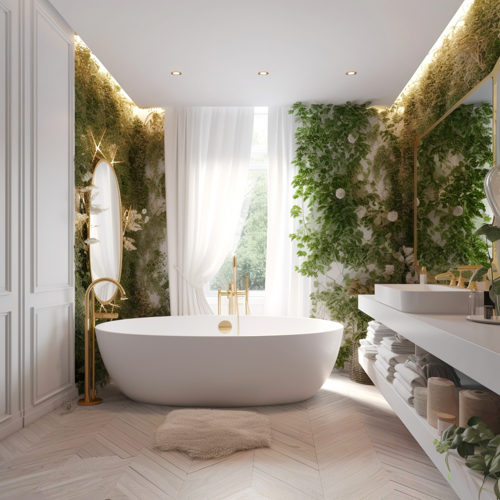 Eco interior design of modern bathroom with a lot of greenery. Created with generative AI technology.