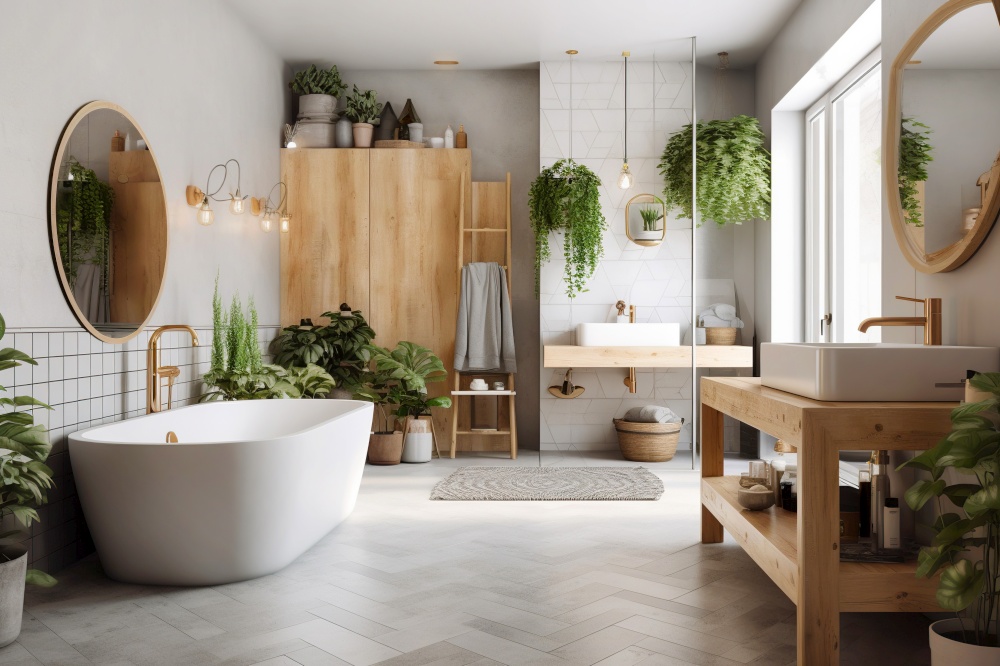 Interior design of modern bathroom with greenery. Created with generative AI technology.