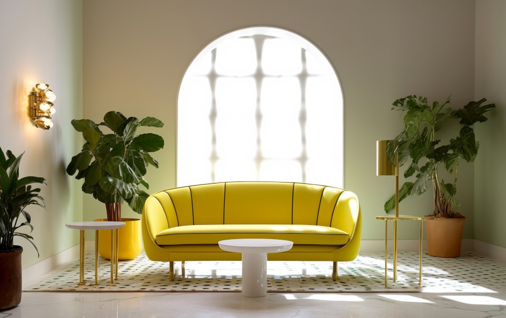 Yellow sofa in front of arched window. Interior design of modern living room. Created with generative AI technology.