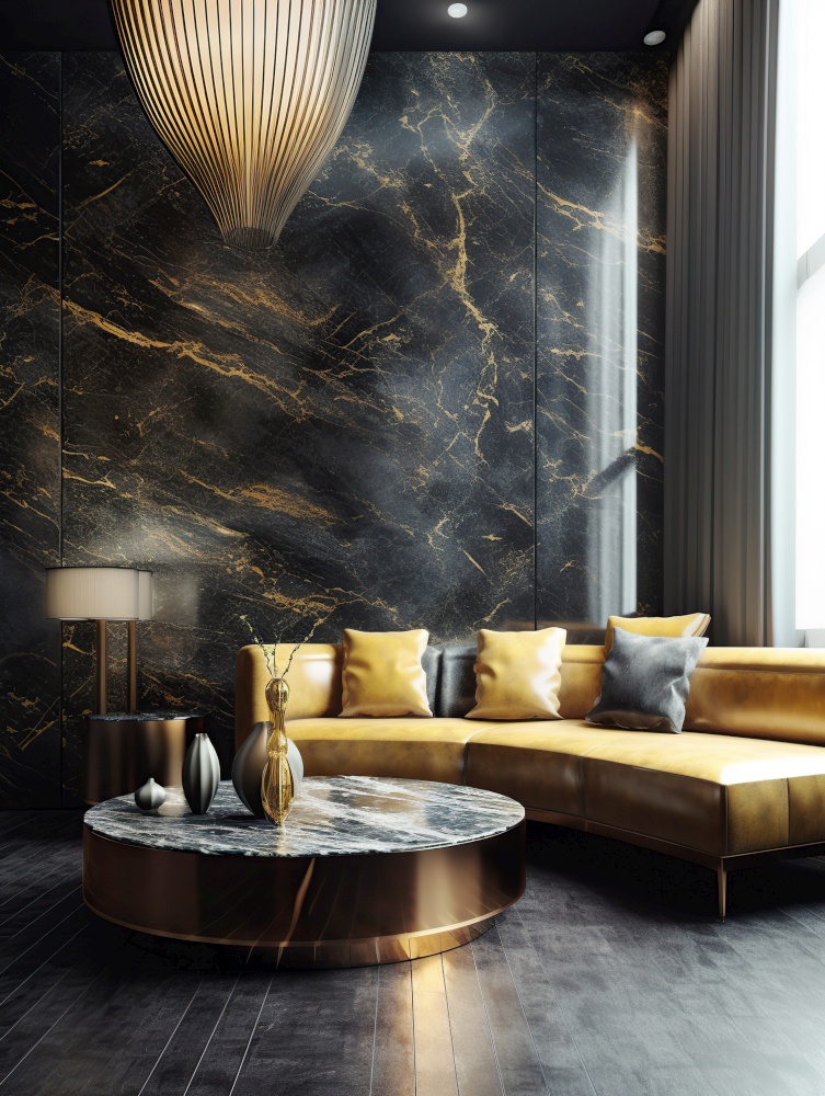 Yellow leather sofa and stone coffee table against of black marble wall. Interior design of modern living room. Created with generative AI technology.