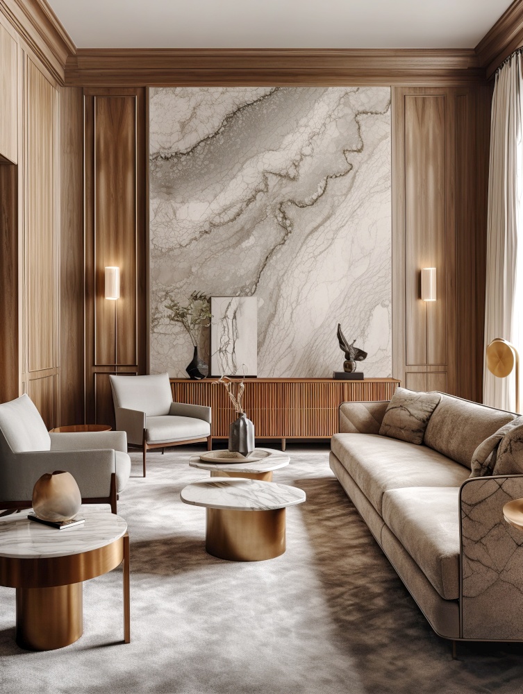 Marble and wooden paneling in room with high ceiling .Interior design of modern home. Created with generative AI technology.