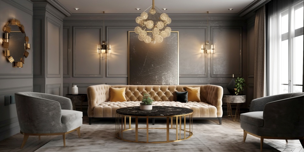 Neoclassical interior design of  living room with black walls and tufted sofa. Created with generative AI technology.