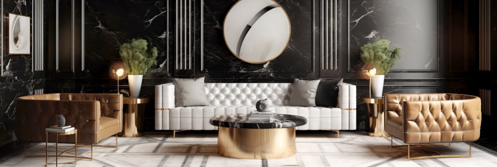 Neoclassical interior design of living room with black marble paneling wall. Created with generative AI technology.