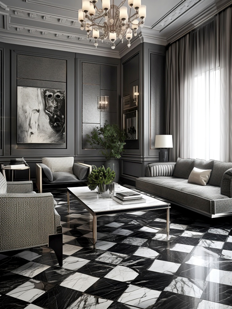 Elegant classic interior design of living room with black wall and marble tiled floor. Created with generative AI technology.
