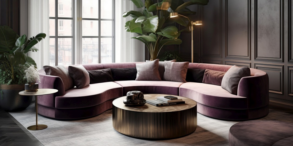 Interior design of modern living room with purple velvet sofa. Created with generative AI technology.
