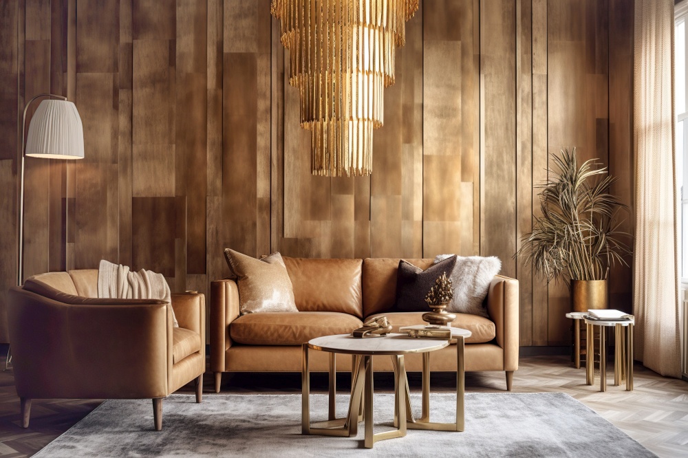 Golden chandelier against paneling wall. Interior design of modern living room. Created with generative AI technology.