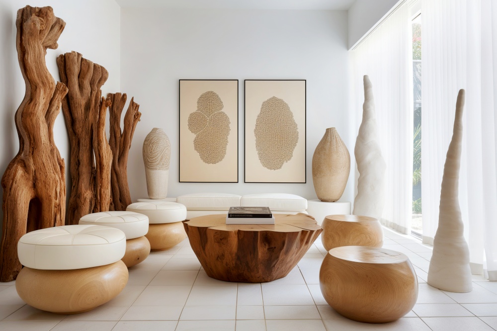 Interior design of modern living room with wooden and stone sculptures and live edge coffee table. Created with generative AI technology.