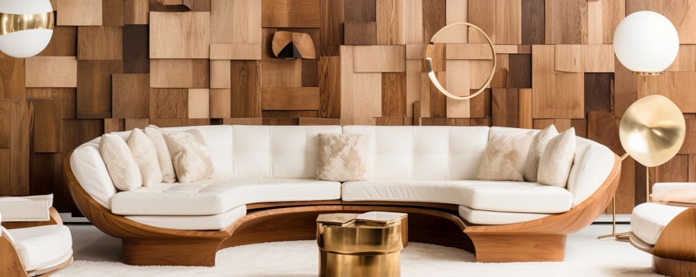 Round sofa against wooden blocks paneling wall. Interior design of modern living room. Created with generative AI technology.