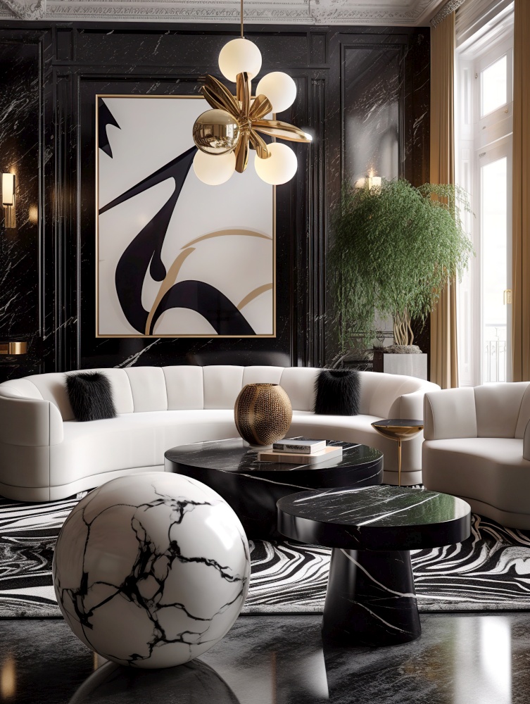 Luxury interior design of modern living room with marble stone elements. Created with generative AI technology.