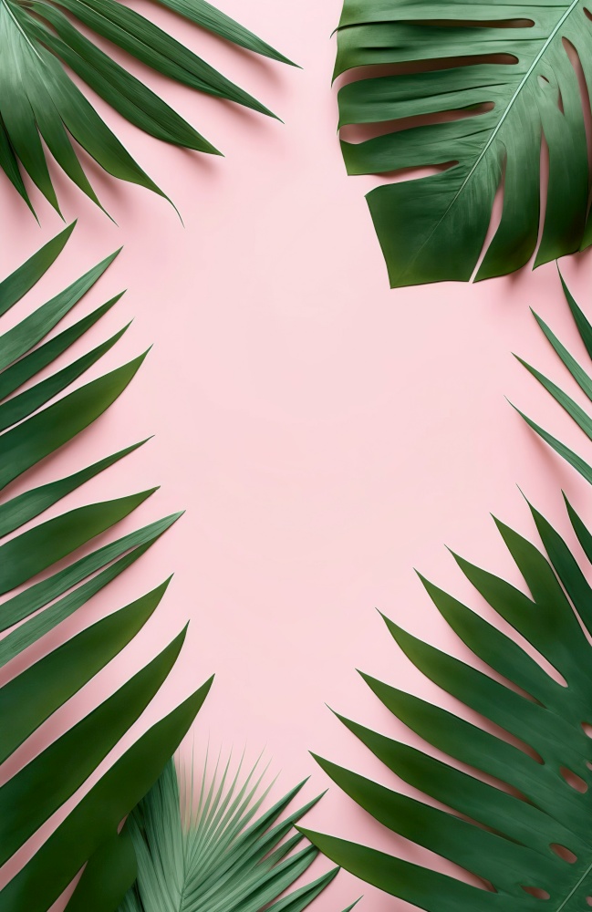 Beautiful palm leaves shaped as frame with copy space on pink background. Created with generative Ai technology.