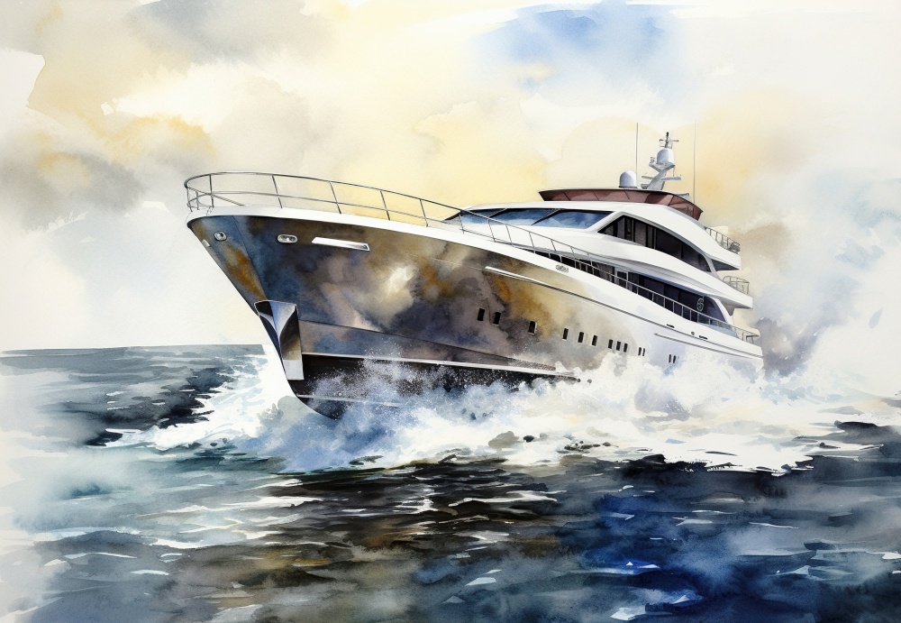 Beautiful watercolor luxury yacht over ocean water background. Created with generative Ai technology.