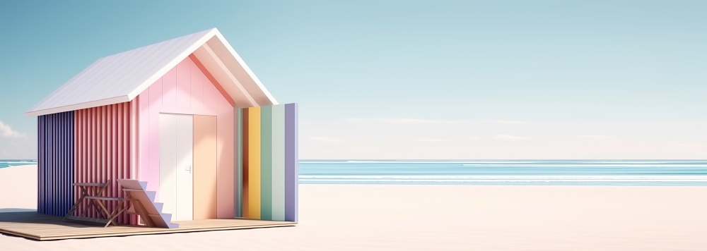 Beautiful colorful bathing house on white sandy beach. Summer vacation background. Created with generative Ai technology.