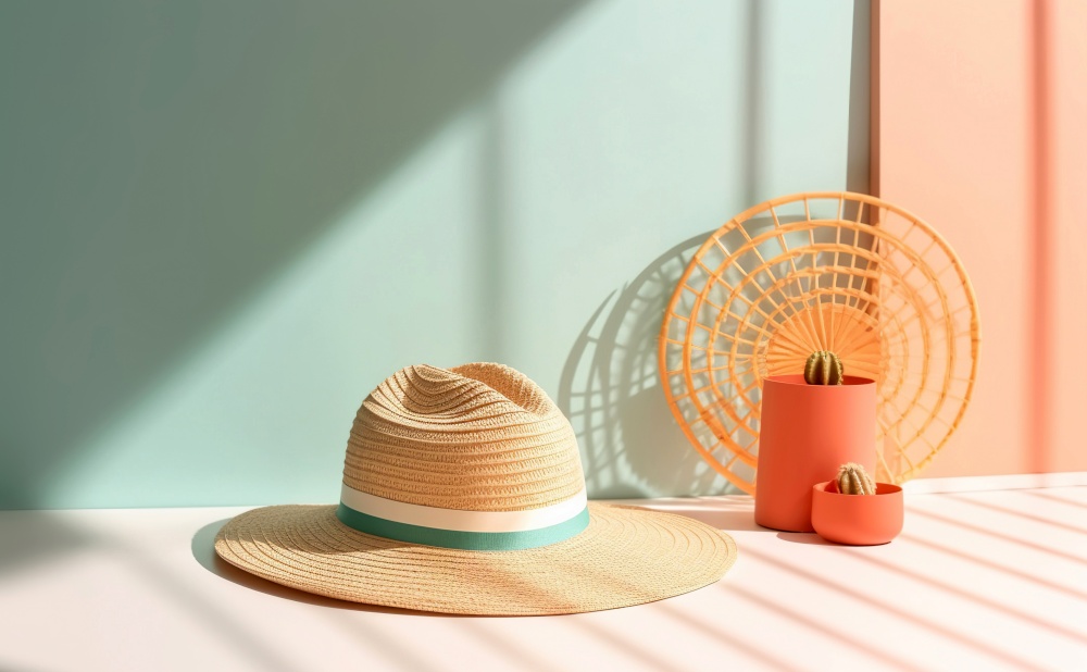 Summer straw hat on sunny green background with shadows. Summer vacation backdrop. Created with generative Ai technology.