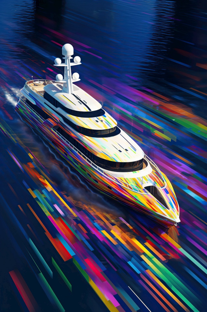 Op-art abstract beautiful luxury yacht over ocean water background. Created with generative Ai technology.
