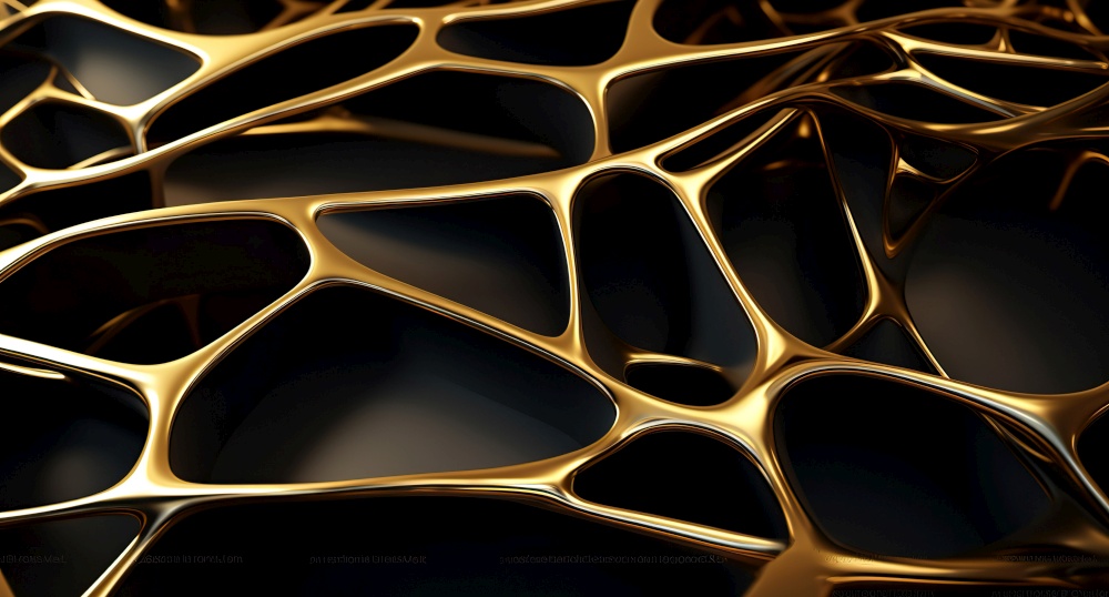 Abstract golden metal lines mesh over black background. Created with generative Ai technology.