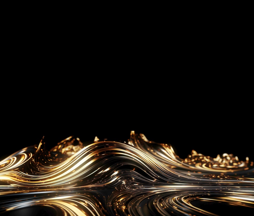 Abstract golden metal lines over black background with copy space. Created with generative Ai technology.