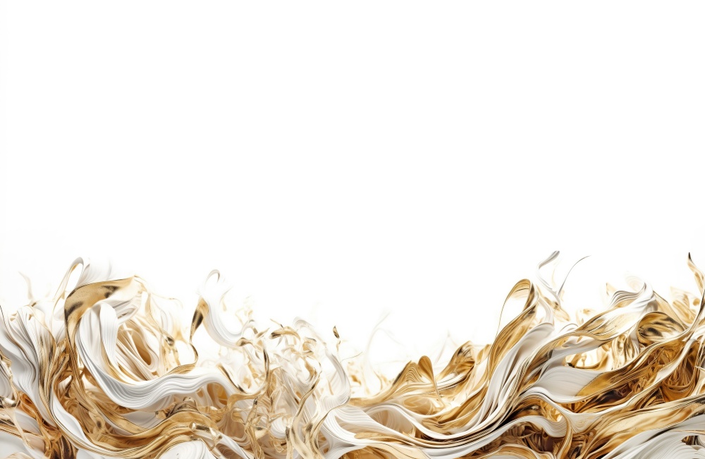 Abstract golden metal lines mesh over white background with copy space. Created with generative Ai technology.
