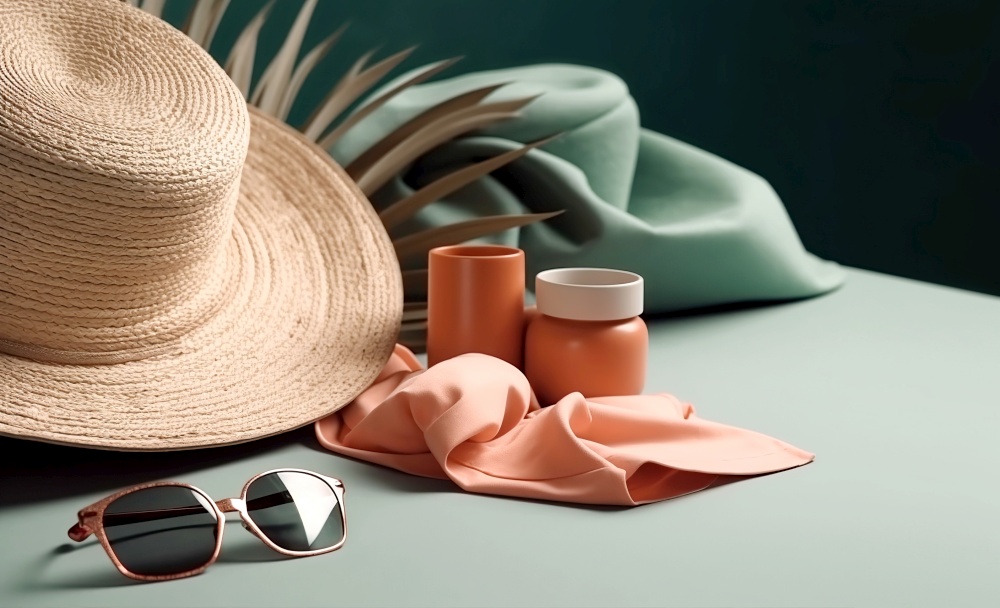Straw hat with sunglasses and beach accessories on green background. Summer vacation backdrop. Created with generative Ai technology.