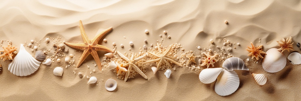 Shells and stars on sand beach. Beach vacation concept background  with copy space. Created with generative Ai technology.