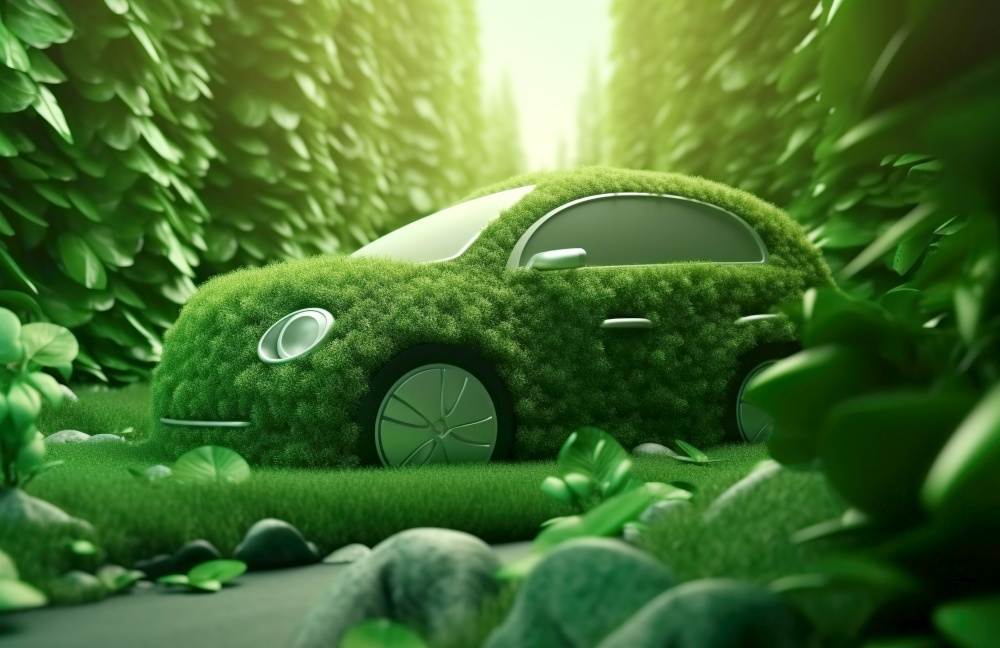 A car made from green leaves in forest. Eco friendly car concept. Created with generative Ai technology.