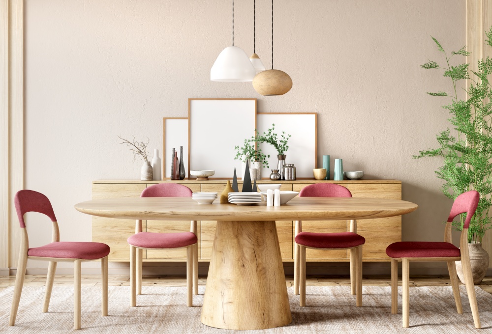 Interior of modern dining room, wooden table and red chairs against beige wall with sideboard, 3d rendering