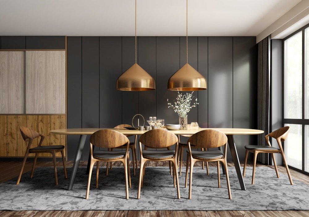 Interior of modern dining room, dining table and wooden chairs against black panelling wall. Home design. 3d rendering