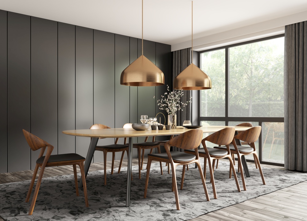 Interior of modern dining room, dining table and wooden chairs in room with black panelling wall. Home design. 3d rendering