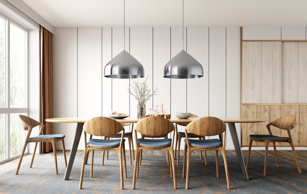 Interior of modern dining room, dining table and wooden chairs against white panelling wall. Home design. 3d rendering