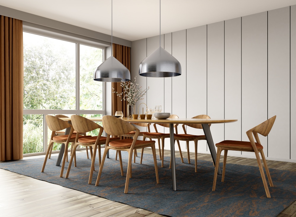Interior of modern dining room, dining table and wooden chairs in room with white panelling wall. Home design. 3d rendering