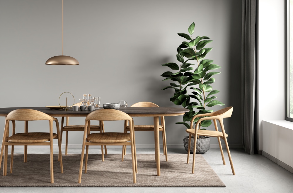 Interior of modern dining room, dining table and wooden chairs against gray wall. Home design. 3d rendering