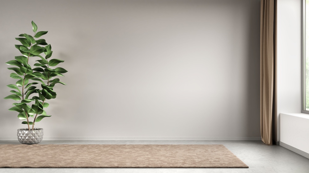 Empty room interior background, gray wall, pot with plant, concrete flooring, 3d rendering