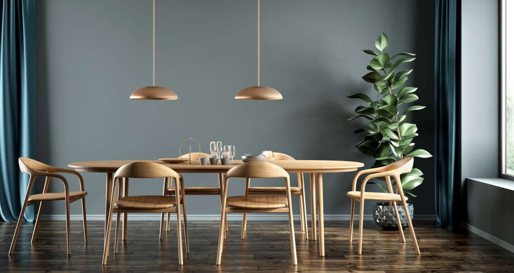 Interior of modern dining room, dining table and wooden chairs against blue wall. Home design. 3d rendering