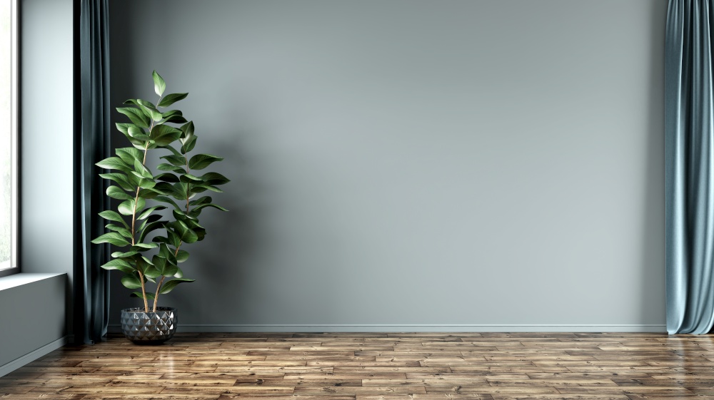 Empty room interior background, blue wall, pot with plant, wooden flooring 3d rendering