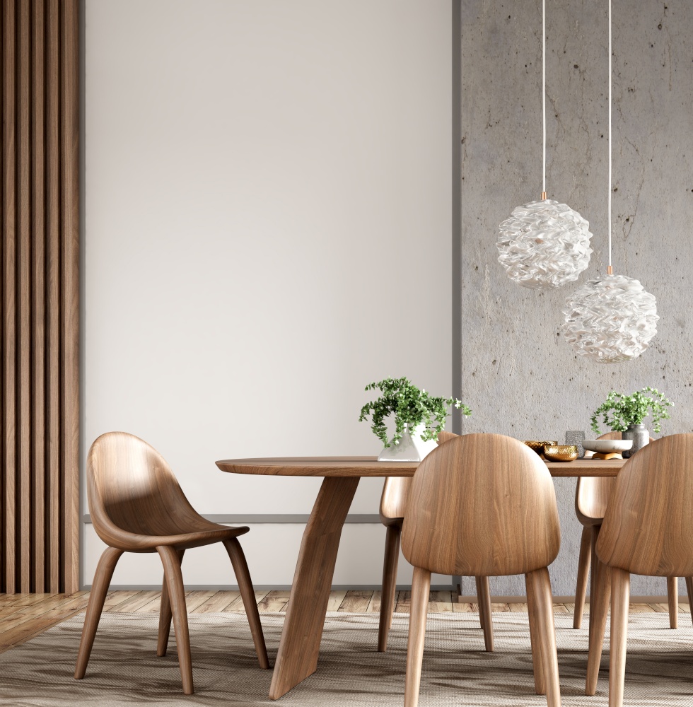 Interior of modern dining room, dining table and wooden chairs in room with concrete wall. Home design. 3d rendering