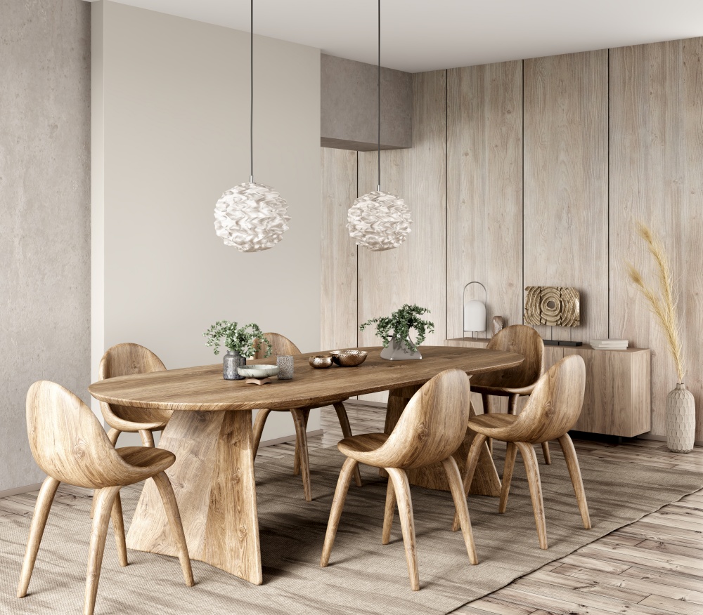 Interior of modern dining room, dining table and wooden chairs in room with wooden paneling. Home design. 3d rendering