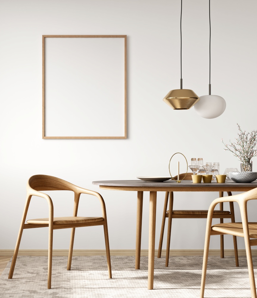 Interior of modern dining room, dining table and wooden chairs against white wall with poster. Home design. 3d rendering