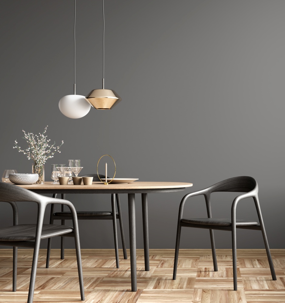 Interior of modern dining room, dining table and wooden chairs against black wall. Home design. 3d rendering