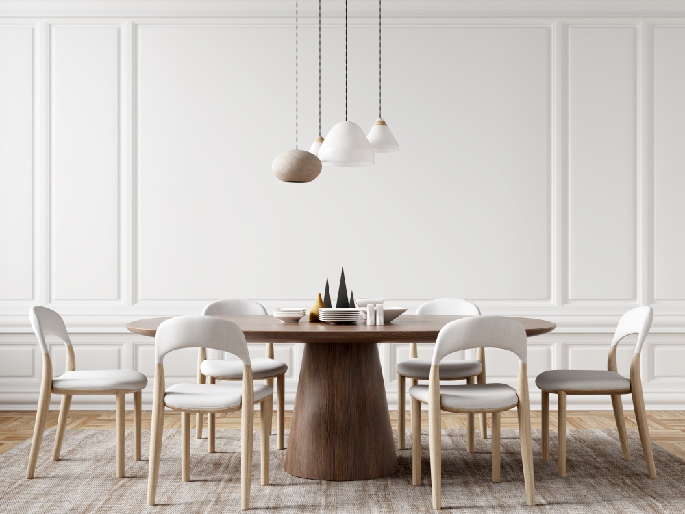 Interior of modern dining room, wooden dining table and white chairs in room with paneling wall. Home design. 3d rendering