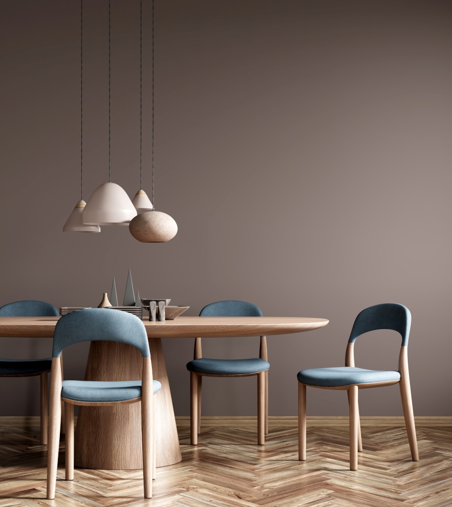 Interior of modern dining room, dining table and blue fabric chairs against beige wall. Home design. 3d rendering