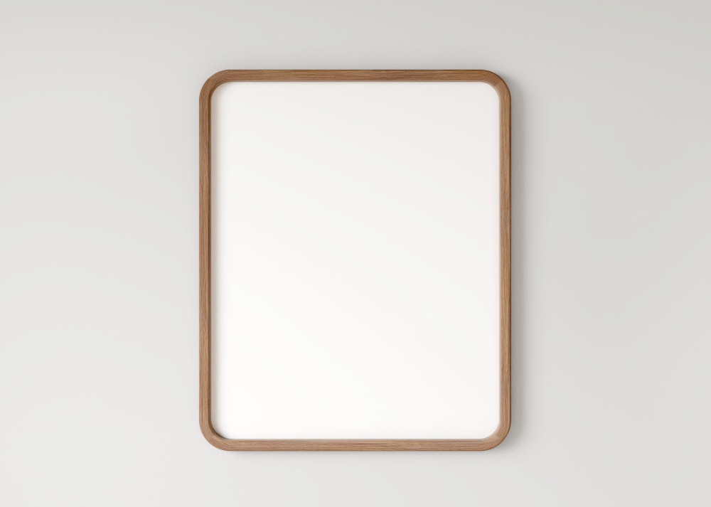 Wooden blank frame on the white wall, interior background. 3d rendering