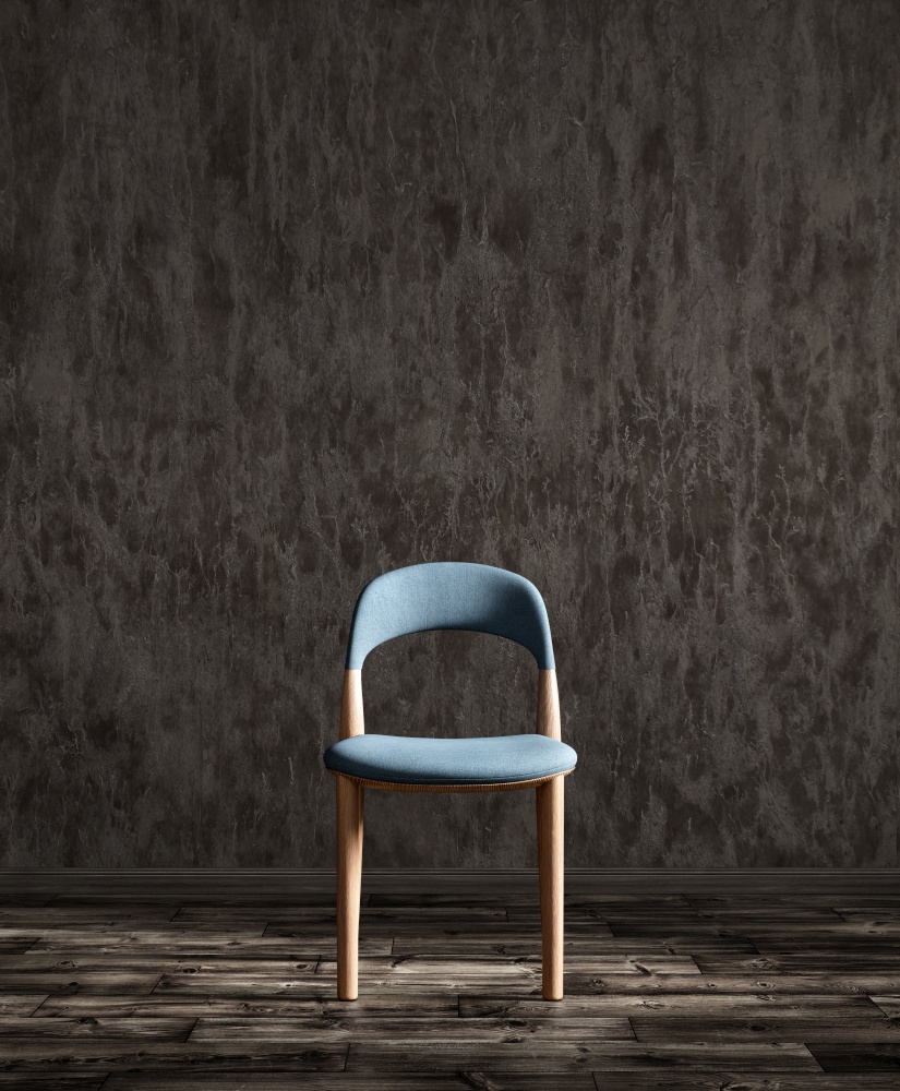 Blue fabric dining chair against dark stucco wall. 3d rendering