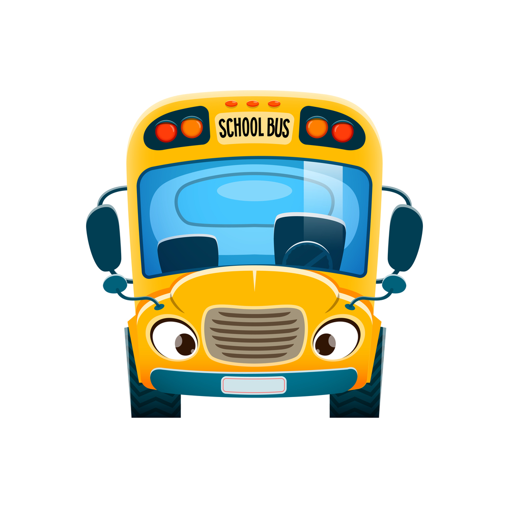 Cartoon school bus with face, education or back to school funny character, vector cute bus with. Yellow school bus or student transport icon, child kindergarten mascot or education emoji and emoticon. Cartoon school bus with face, education character