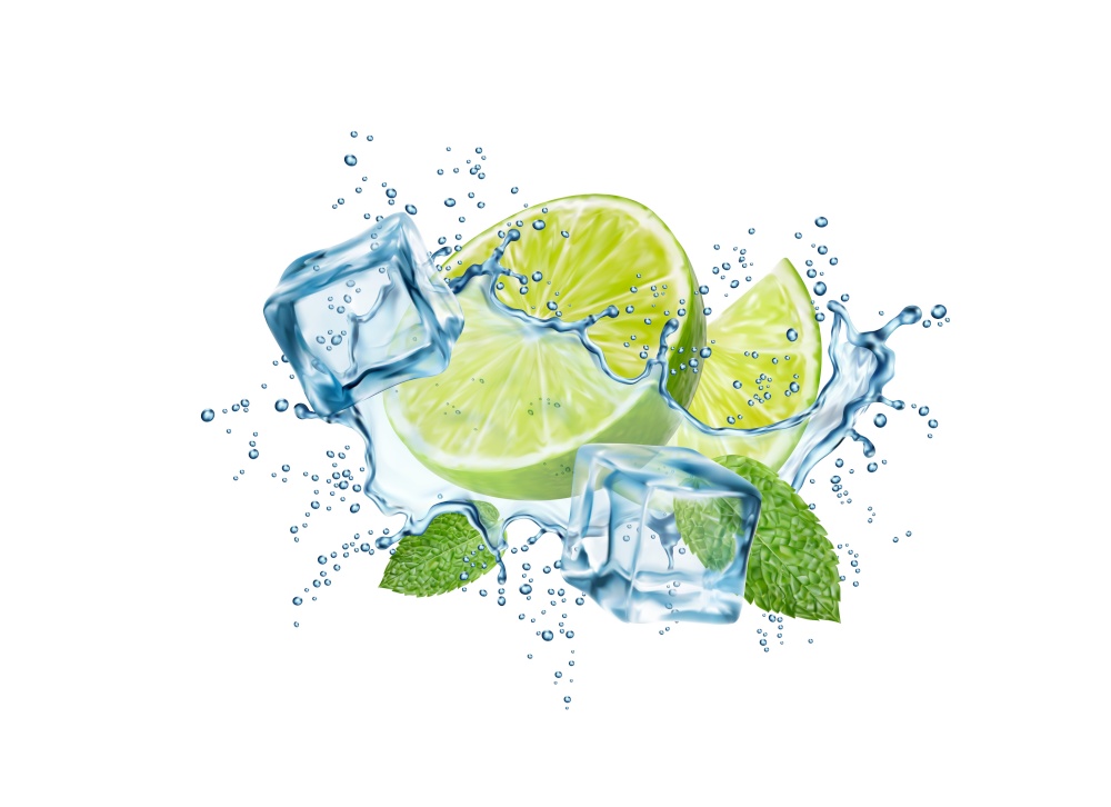 Mojito drink wave splash with lime, ice cubes, water swirl and mint leaves. 3d vector falling citrus fruit pieces, liquid splashing drops and frozen blocks. Realistic cocktail refreshing beverage flow. Mojito drink wave splash with lime, ice cubes