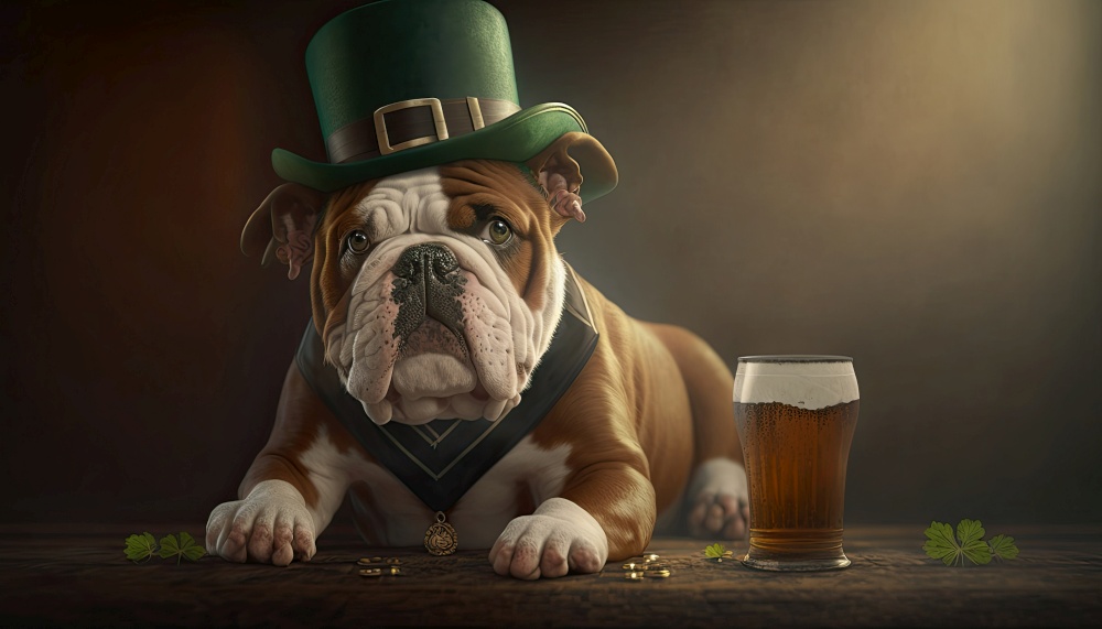 Dog wearing St. Patricks green hat drinking a cold beer pint at a pub bar. Generative AI.