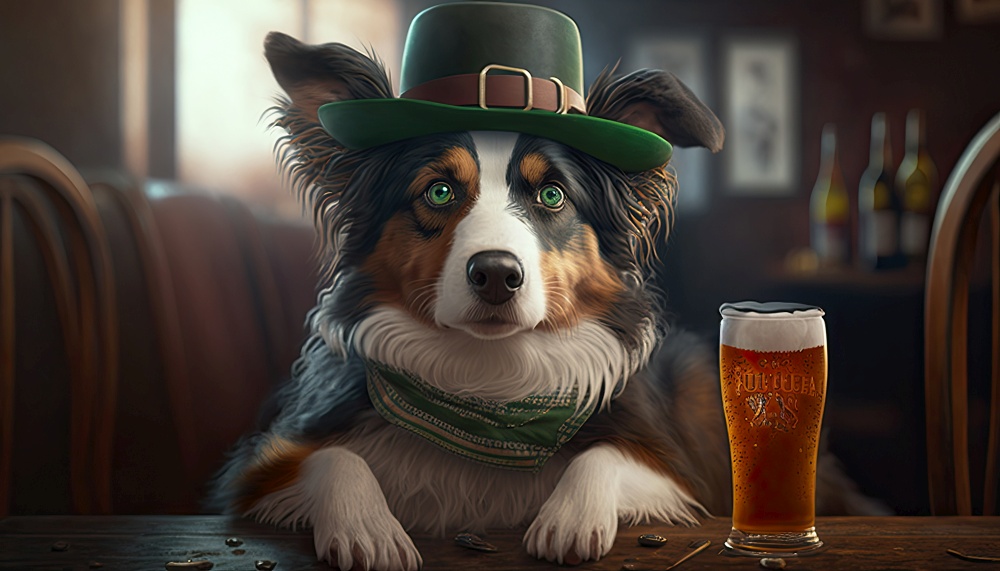 Dog wearing St. Patricks green hat drinking a cold beer pint at a pub bar. Generative AI.