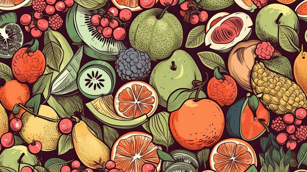 Set of summer fruits to use as wallpaper. Generative AI