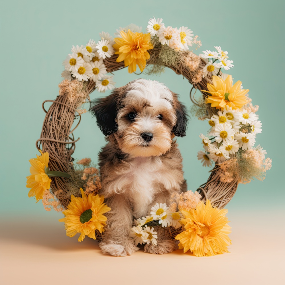 Funny little dog with a colorful flower crown. Generative AI