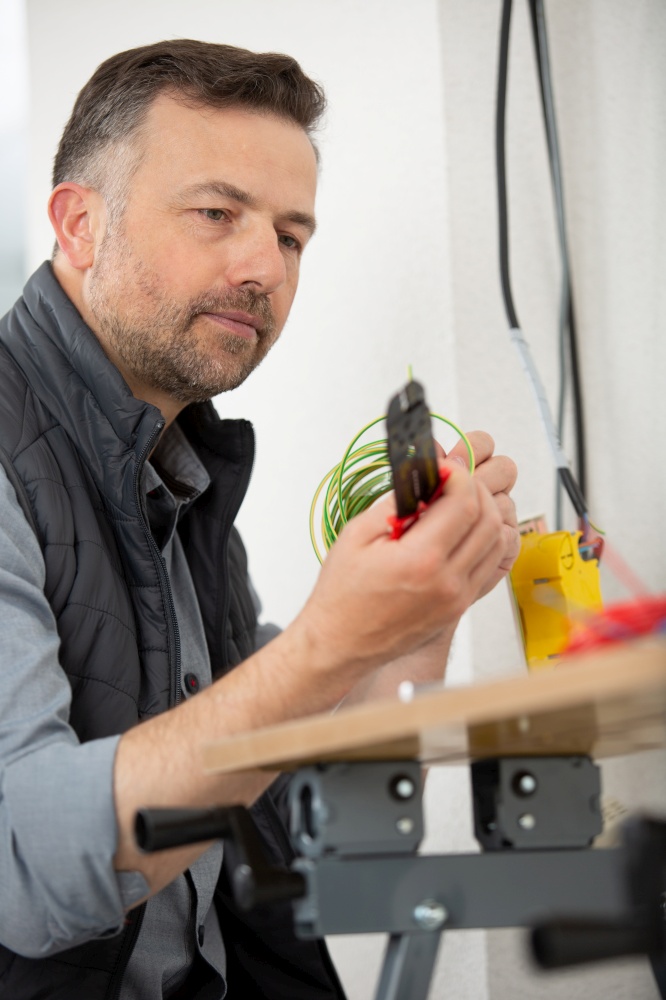 communication worker holding telecommunication cables