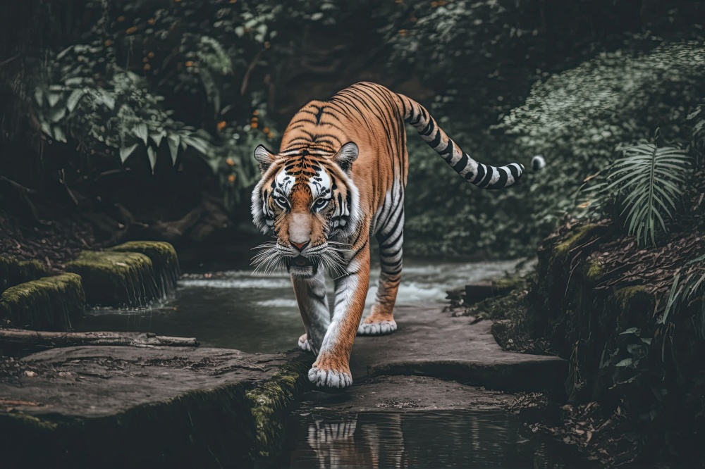 Generative AI illustration of colorful vibrant beautiful tiger in jungle landscape setting