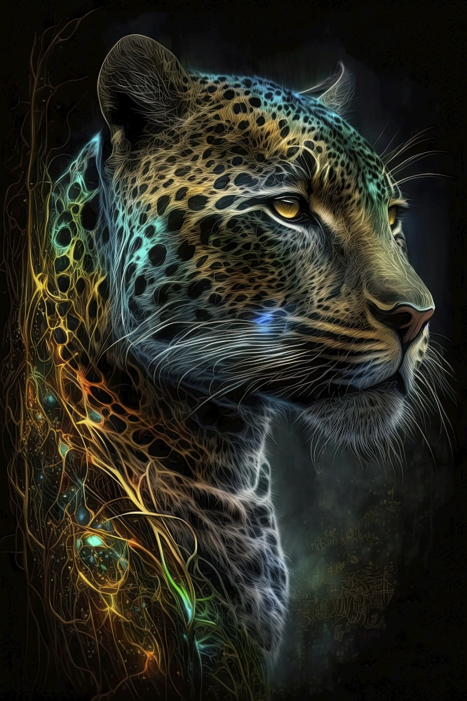 Generative AI illustration of colorful vibrant phantasmal irridescent jaguar